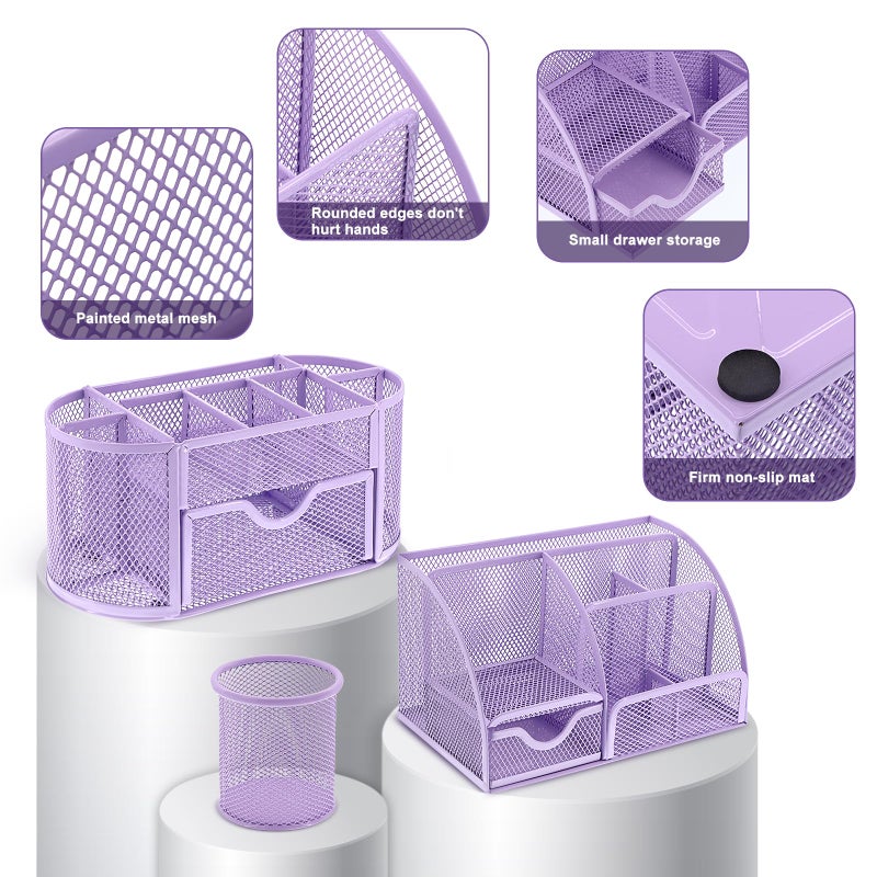 Froidesente 17 in 1 Purple Desk Organizers and Accessories Set  3 Office Desk Supplies Storage Organization  4 Pens  Stapler  Staples & Remover  Tape & Dispenser  Scissors  Ruler  Clips  Hole Punch  Sticky Holder - Image 3